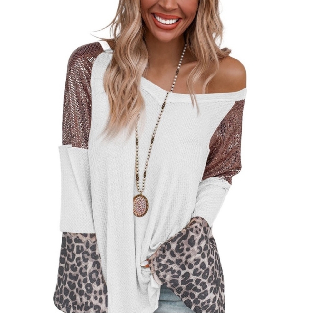Women's White and Brown Leopard Print Boutique Top